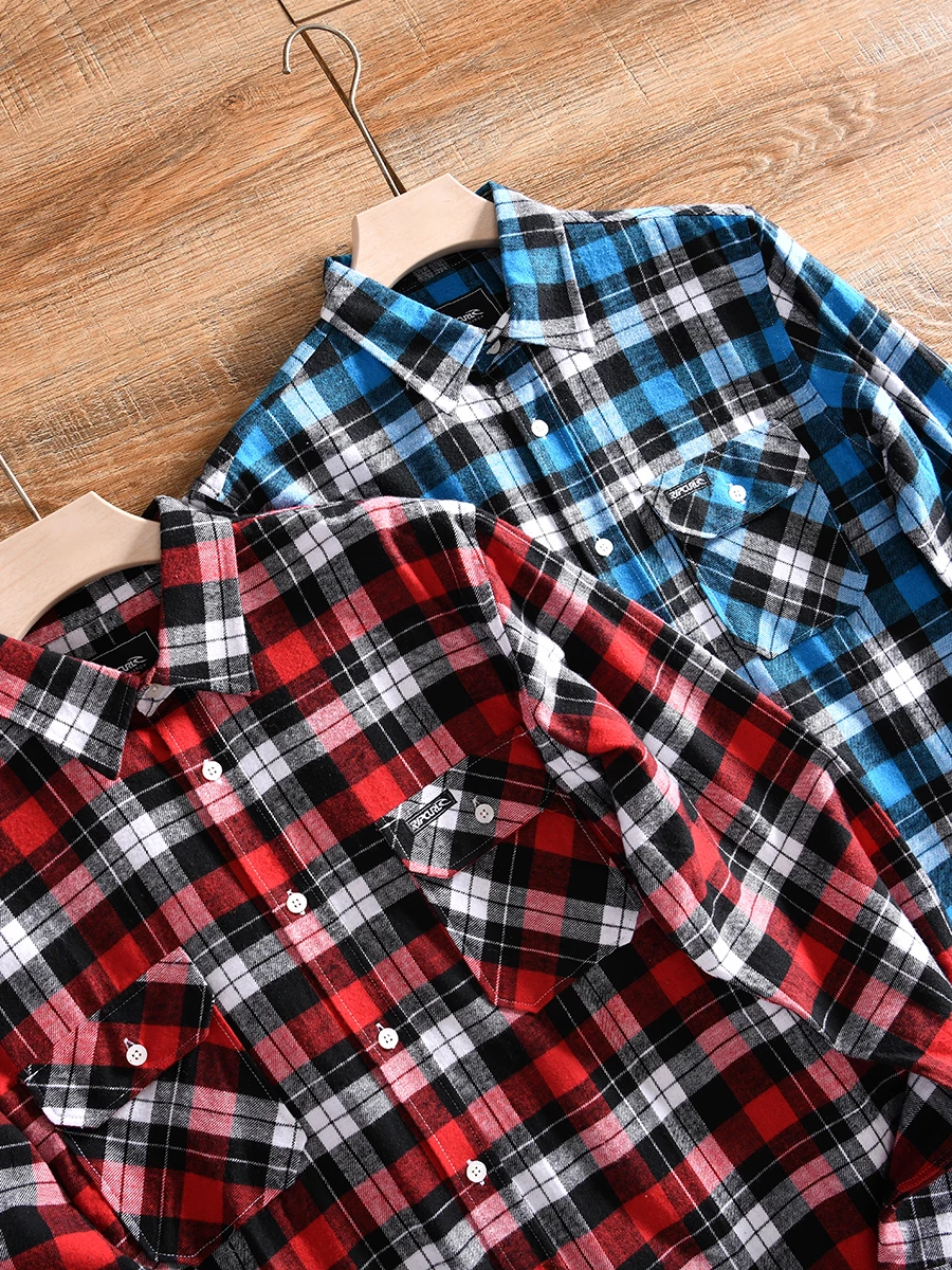 Men's Retro American Plaid Long Sleeve Shirt Fleece Cotton Moisture Permeable Breathable Winter Standard Fit Youth Shirt