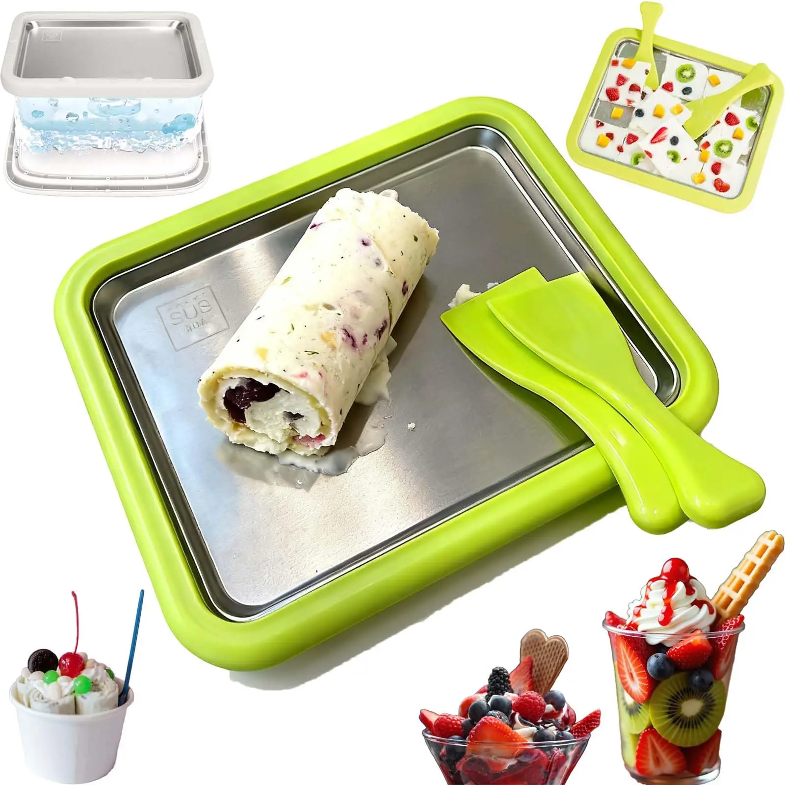 At Home Rolled Ice Cream Kit, Maker Portable -Larger 10.4 * 8.4in Stainless Steel Freeze Tray with 2 Scrapers