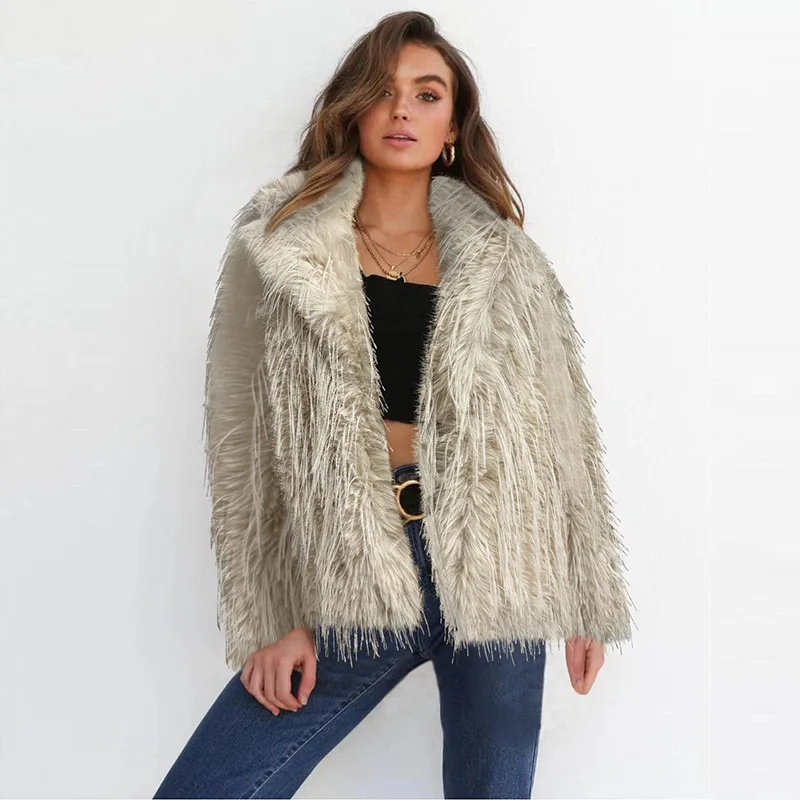 Luxury Brand Lapel Tassel Fluffy Fur Coats Women Autumn Winter Faux Fur Jacket Warm Design Long Sleeve Tops Loose Casual Coats