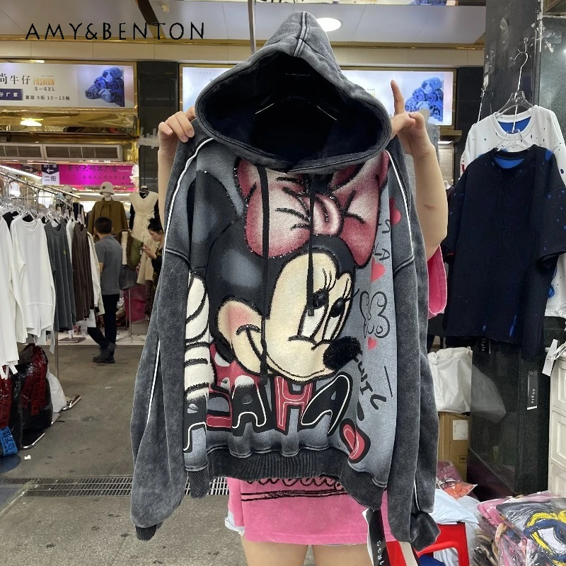 

2025 Winter New Loose Short Oversized Long-sleeves Kawaii Hoodies Heavy Industry Retro Cartoon Hooded Fleece Sweatshirt Jacket