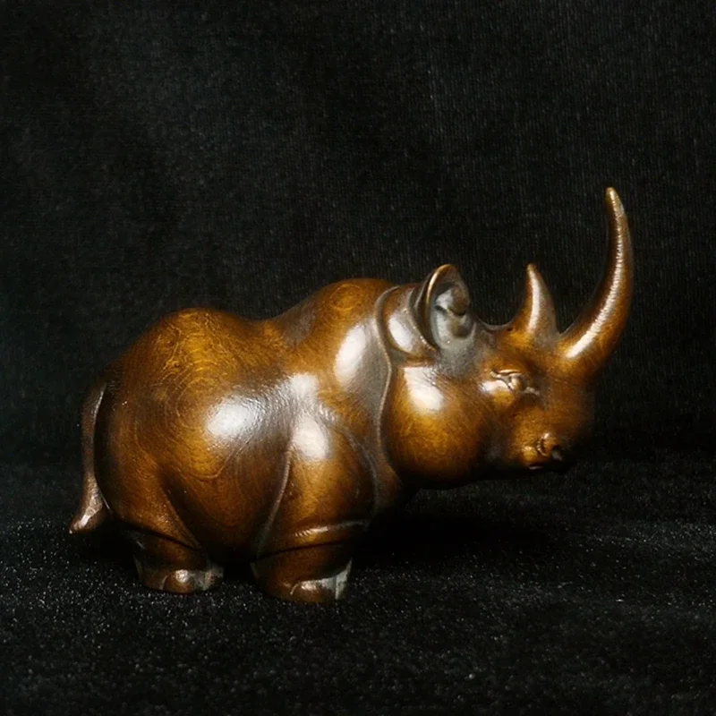 

YIZHU CULTUER ART Size 2.8 Inch Boxwood Hand carved Rhinoceros Figurine Statue Netsuke Old Ornament