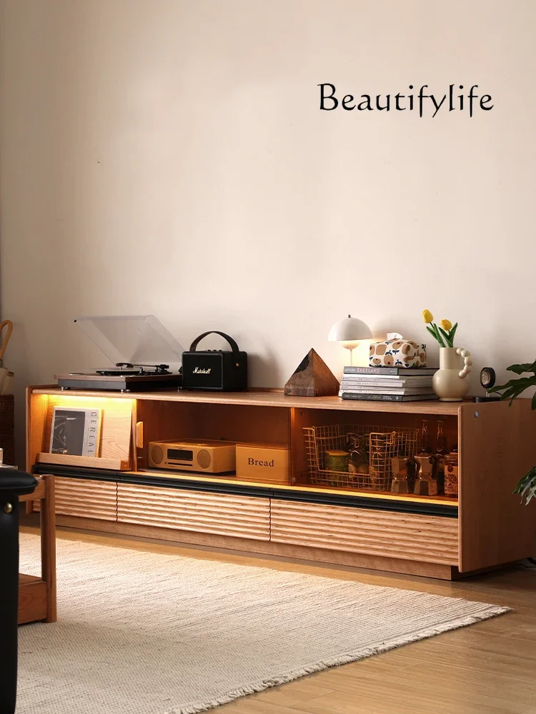 

Nordic Cherrywood TV Cabinet Floor Style Japanese Log Style All Solid Wood Small Apartment Audio Video Appliances Shelf