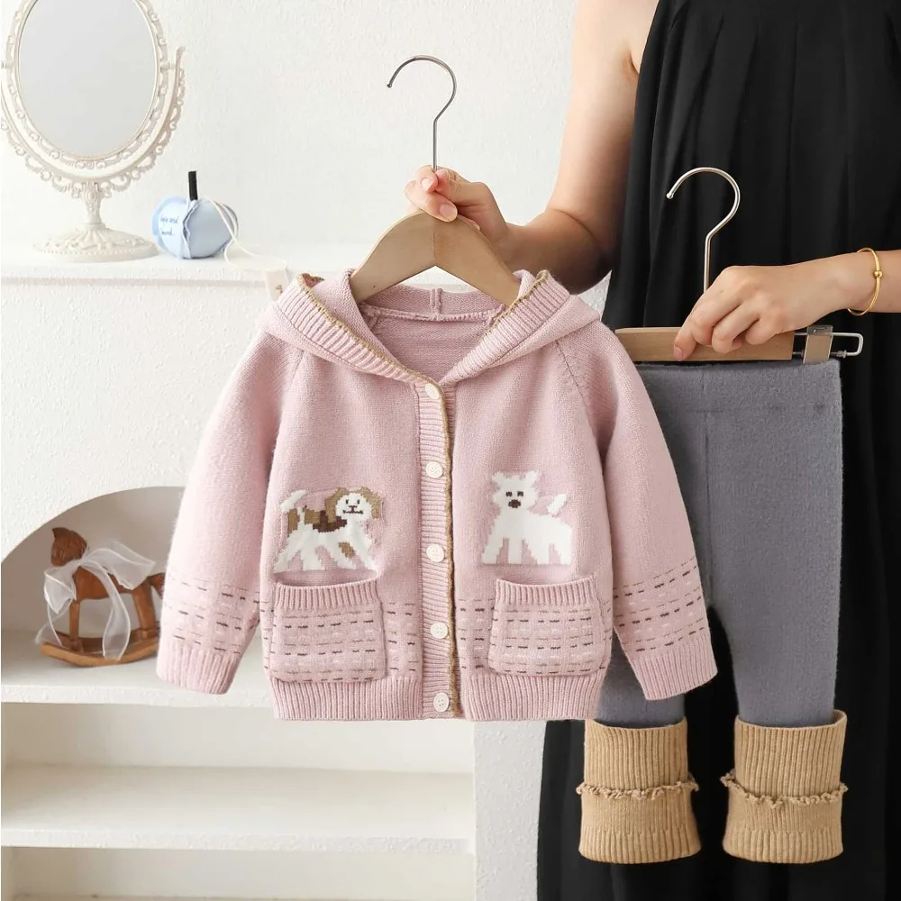 2026 Autumn Winter Girls Cartoon Knit Cardigan, Trendy Stylish Long Sleeve Top 2PCS Outfit For Toddler Baby Girls