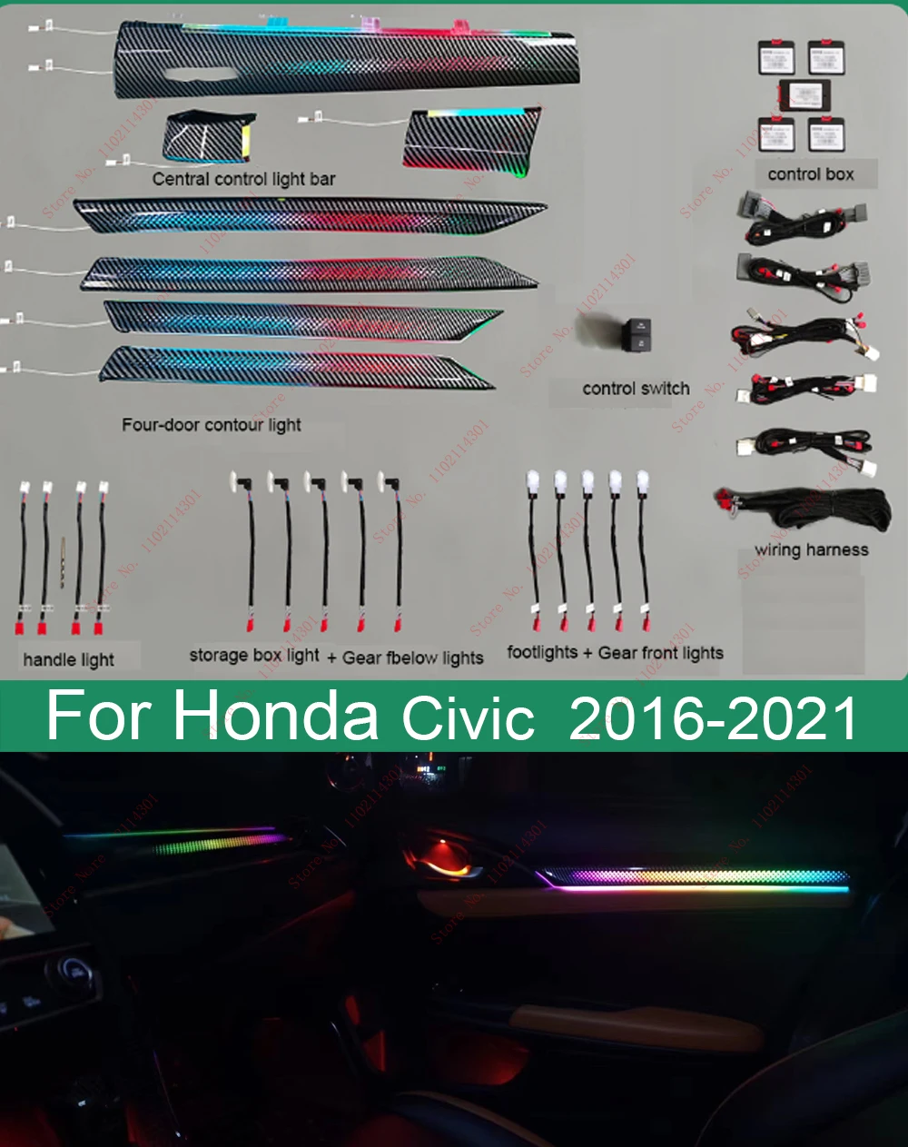 

64 Colors Symphony LED Ambient Light Lamp For Honda Civic Ambient Light For 10th Civic 2016 -2021 Atmosphere Light