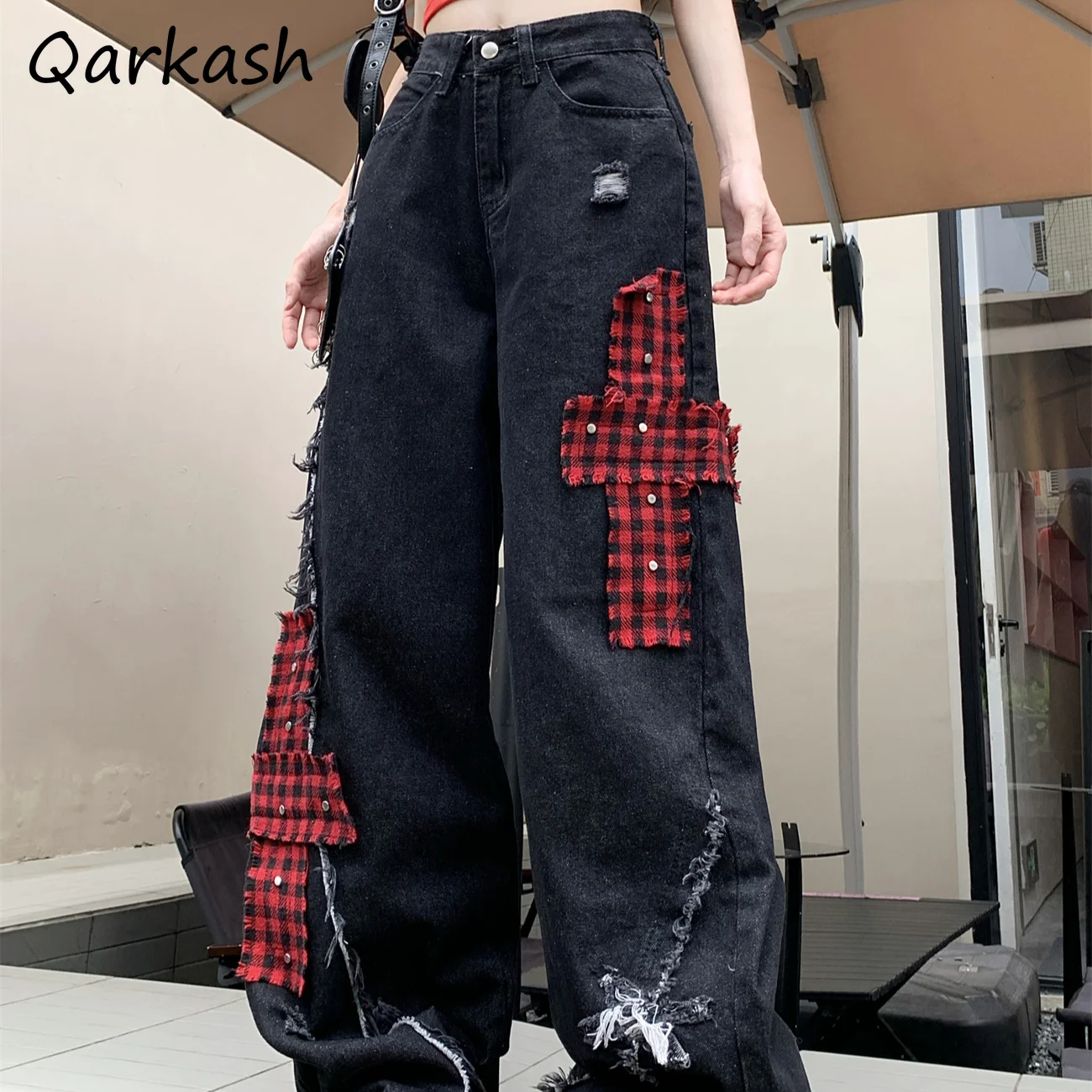 

Jeans Women Gothic High Street Korean Trendy High Waist Design Temperament Loose Daily Straight Hip Hop Retro Patchwork Trousers