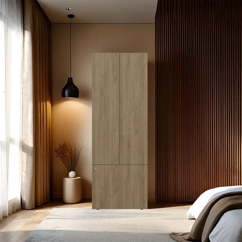 Natural Oak White Armoire 66.9" H, 3-Door Storage with 3 Shelves for Bedroom Organization
