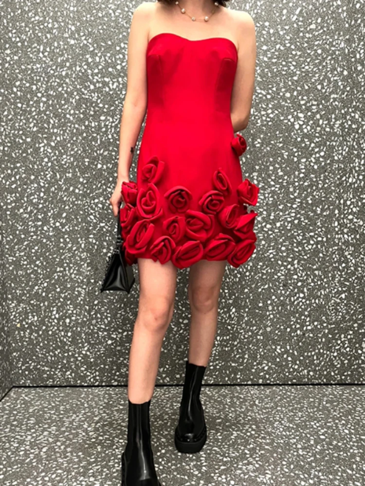 Holiday Party Red Dress Women's Spring Summer 2024 Multi-layer Rose Heavy Industry Decorative Waistline Elegant Strapless Skirt