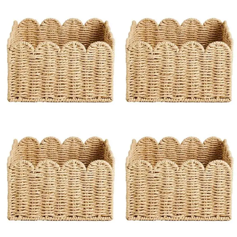 

【РАЖДЕСТВА】4 корзины с фигурным краем, плетеные корзины для хранения, корзины ручной работы для полок, дизайн из бумажной веревки