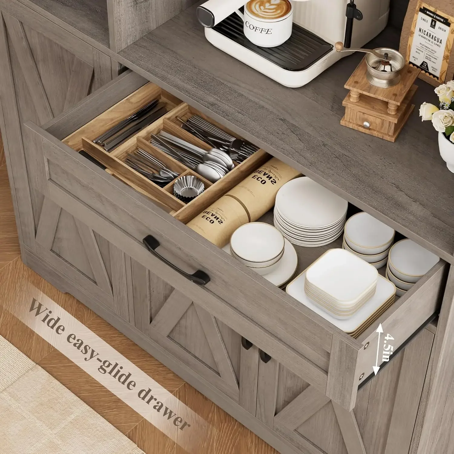 [عالية الجودة، صفقة ساخنة! ] خزانة تخزين مخزن المطبخ بطول 71 بوصة، خزانة مخزن طعام المزرعة مع حامل ميكروويف، أبواب الحظيرة