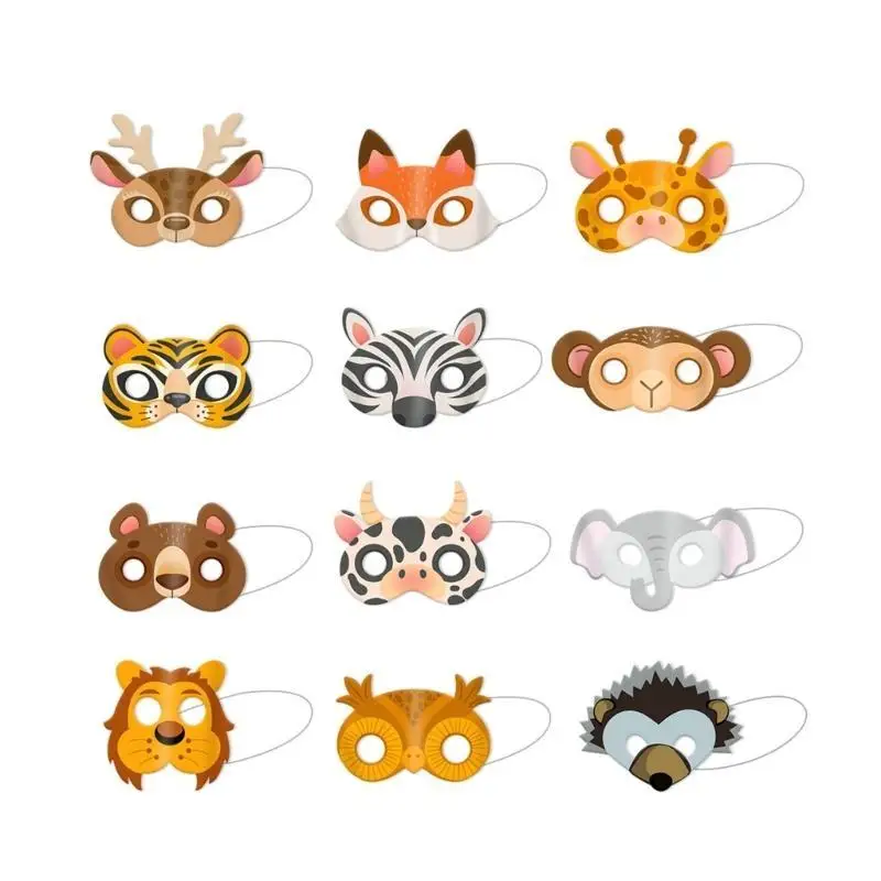 39bb 12pcs Masque animal jungle pour les enfants Cosplay Masque en papier à demi-visage pour les faveurs fête d'anniversaire