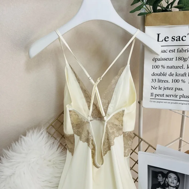 Lace Chemise Nightgown Sexy Spaghetti Strap Nightdress Nightwear Women Summer Silky Satin Sleepwear Sleepshirt Home Dress