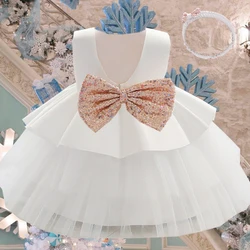 Toddler Infant White battesimo Wedding neonate Dress Lace Bow Evening Party Princess Dresses for Baby 1st Birthday Kids Clothes