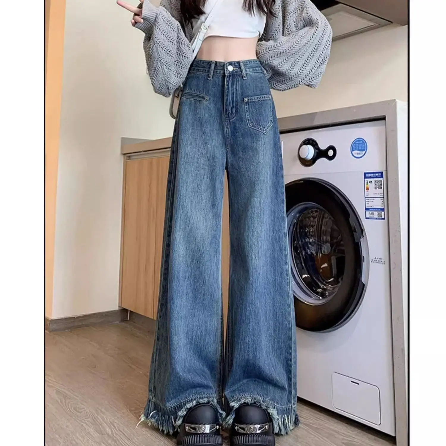 Plus Size Denim Jeans Retro Fringed Edges American Style Design High Waist Loose Wide Leg Pants Autumn Winter New Clothing