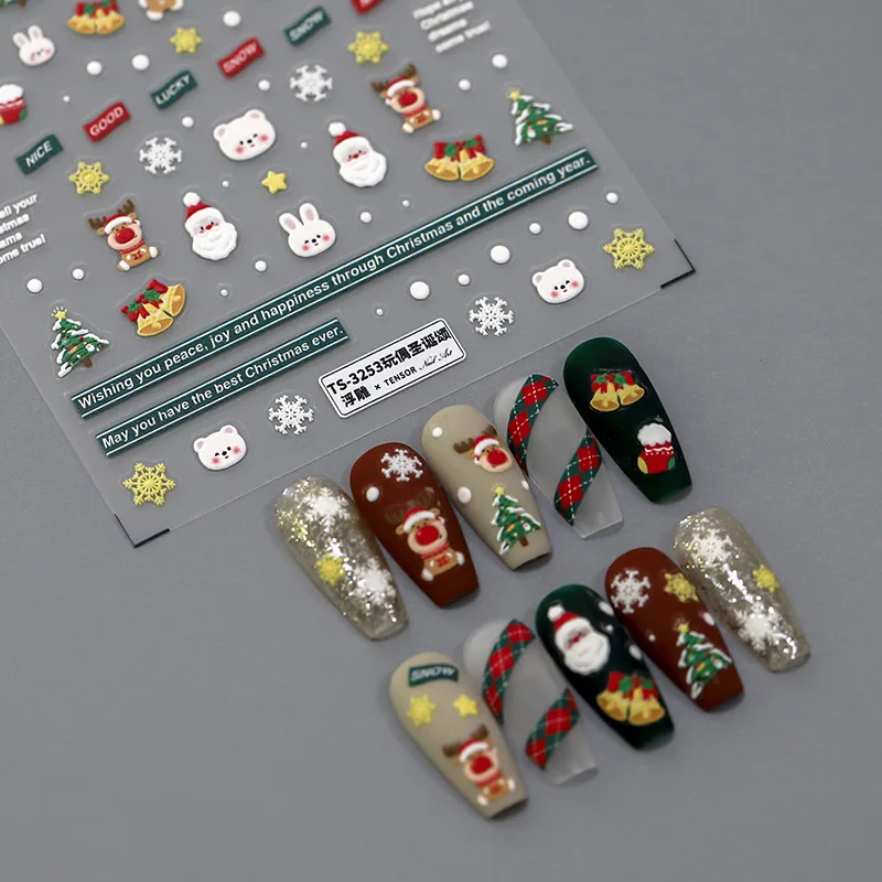 5D Thin Tough 3D Nail Stickers Self Adhesive Doll Christmas Carol Theme Premium Glossy Vinyl for Women Party Decor