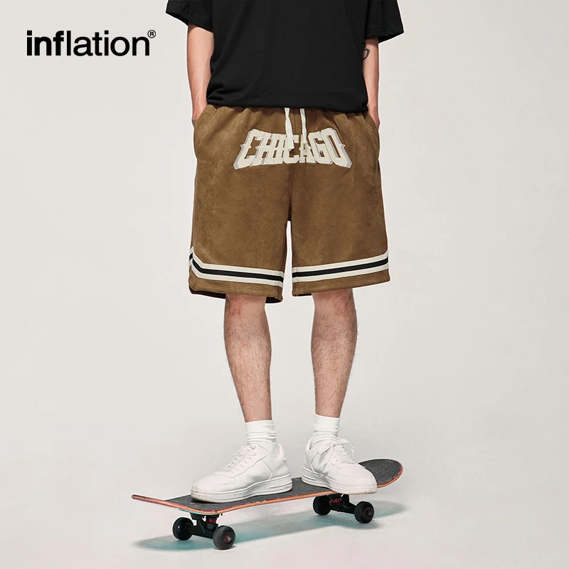 INFLATION Brown Basketball Shorts Men Casual Elastic Waist Faux Suede Sports Shorts