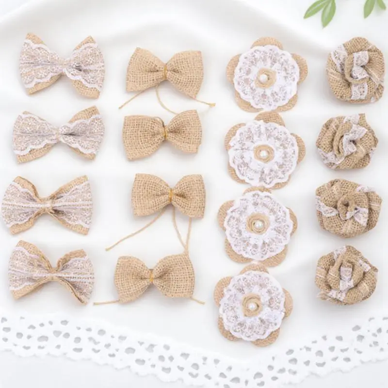 

16 pcs Jute Cloth Flower Bow Burlap Wedding Party Accessory Pins For Festival Decoration Handmade Rough Texture