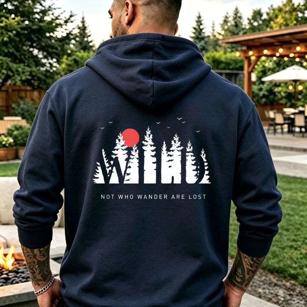 Wild Pine Tree Sunset Silhouette Graphic Hoodie Not Who Wander Are Lost Quote Print Sweatshirt Minimalist Forest Outdoor Tops