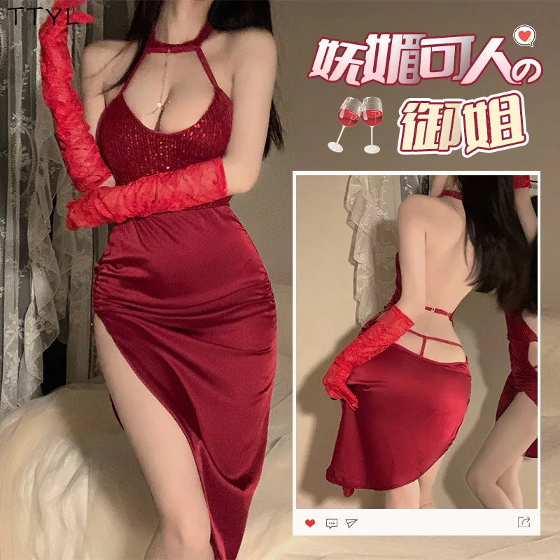 TTYL عيد الحب سلسلة ذهبية الديكور الأخدود الرجعية الترتر فستان جنسي الملابس الداخلية موحدة مثير منامة الملحقات الغريبة