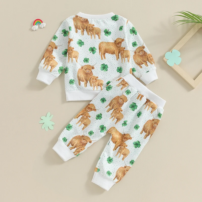 Infant Toddler Baby Girls St Patrick’s Day Long Sleeve Shirts Clover Printing Sweatshirts Pants Spring Outfits