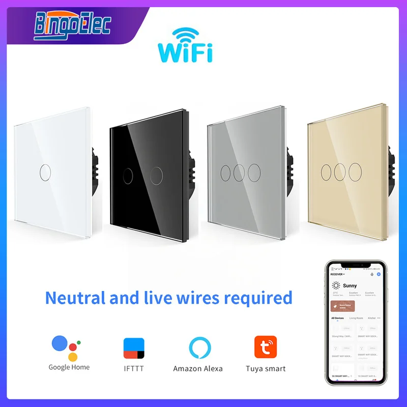 Bingoelec WiFi Smart Switches Glass Panel Tuya Smart Touch Switch Work with Alexa Google Home Smart Life White Black Grey Gold