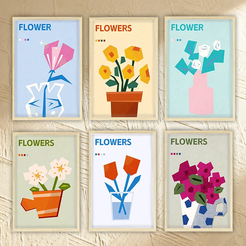 Póster de flores geométricas modernas con impresión de rocío, arte de pared Floral minimalista de colores vibrantes, impresiones en lienzo para regalos para el hogar y la sala de estar
