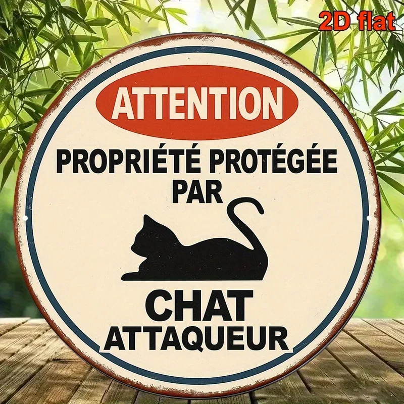 2D Flat, 1pc French Cat Warning Sign - Vintage 8-Inch Round Aluminum Kitten Caution Plaque Suitable for, Office, Cafe