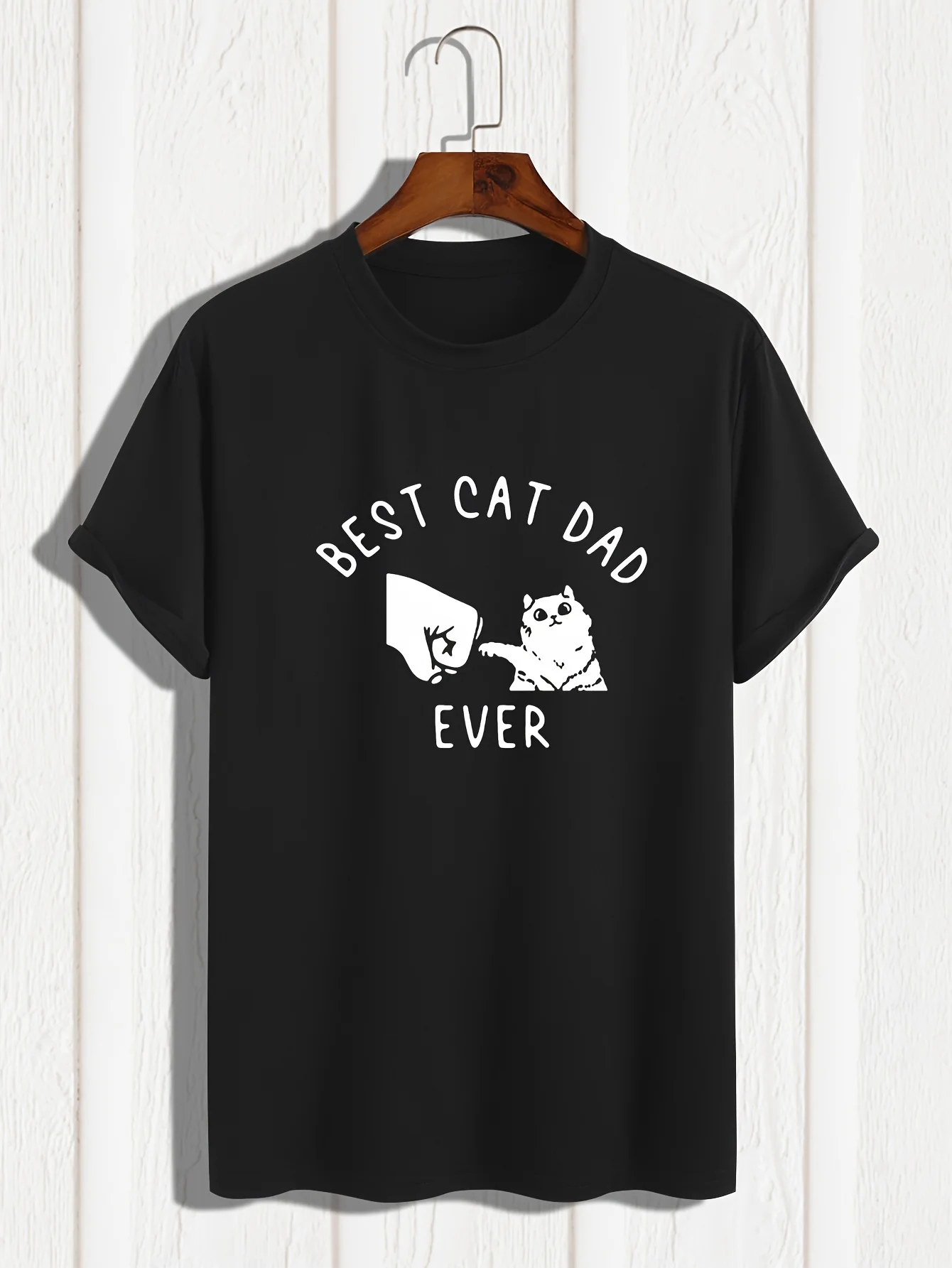 Best Cat Dad Ever Print Women's Trendy Short Sleeve T-shirts, Comfy Casual Breathable Tops For Women's Fitness Training