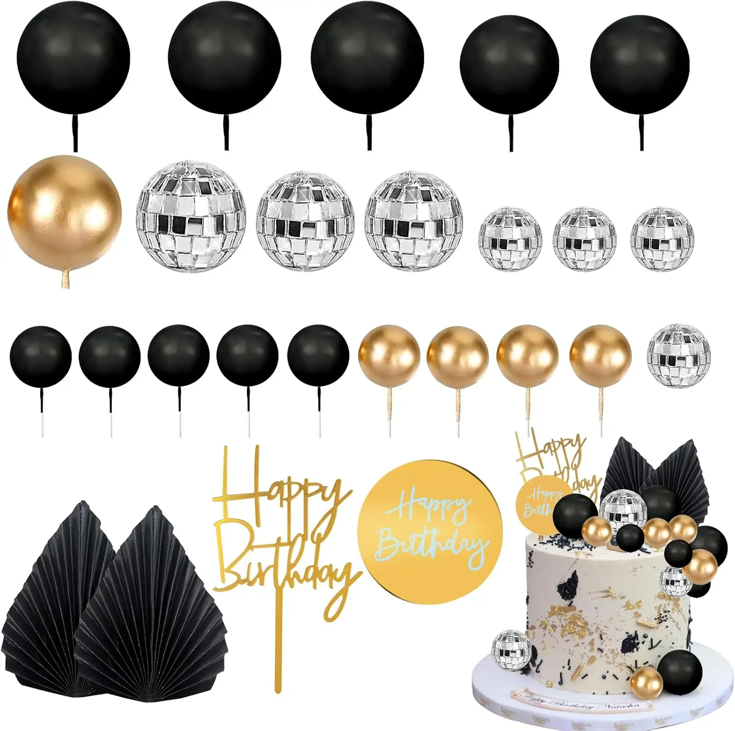 25 uds. Adorno para tarta de hombre, bola de discoteca, hojas de palma, decoración de pastel bohemio de oro negro para niño, boda bohemia, Baby Shower, fiesta de cumpleaños
