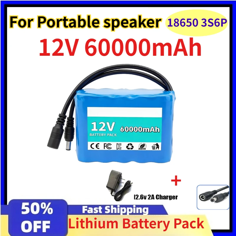 

12V 60000mAh 3S6P 18650 Lithium Battery Pack with BMS + 12.6V Charger for Portable speaker Fishing Bicycle Replaceable Batteries