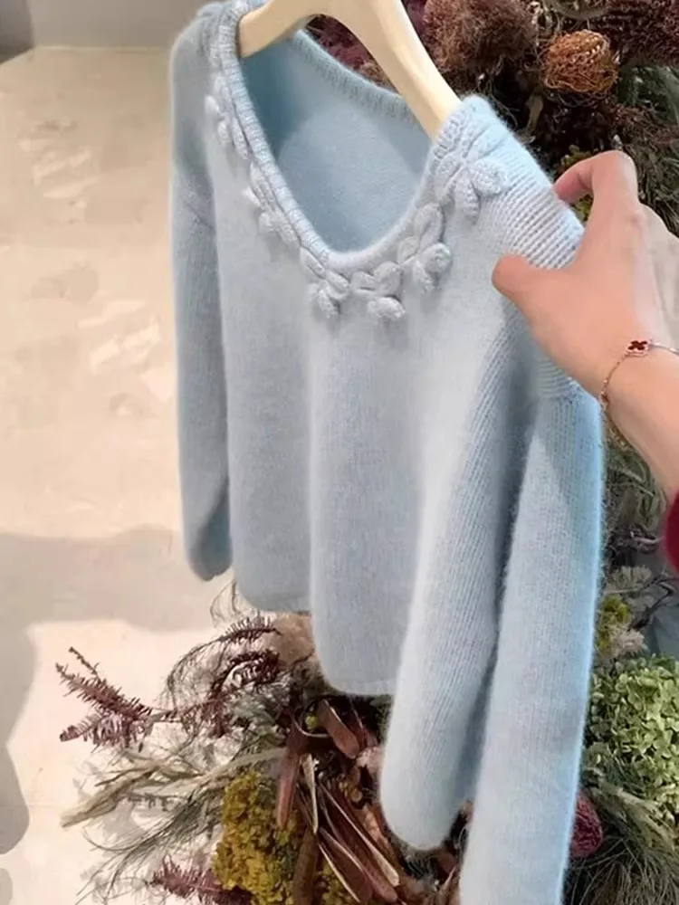 

Blue Gentle Age-Defying round Neck Design Knitted Top Cute Casual Comfortable V-Neck Base Shirt Korean Style Loose Fit Long S...
