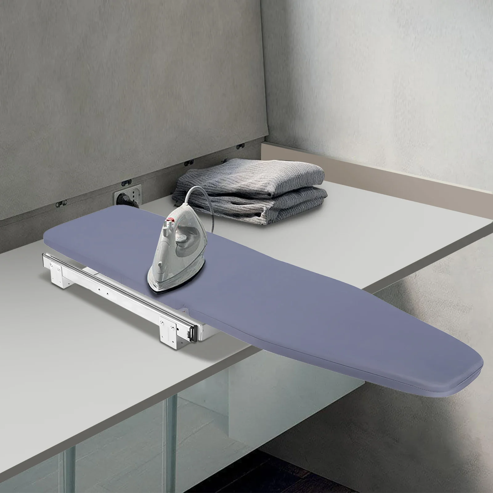 Gray Folding Ironing Board & Embedded Wardrobe Ironing Table - 45kg Capacity, 180° Rotation, Silent Track for Space-Saving