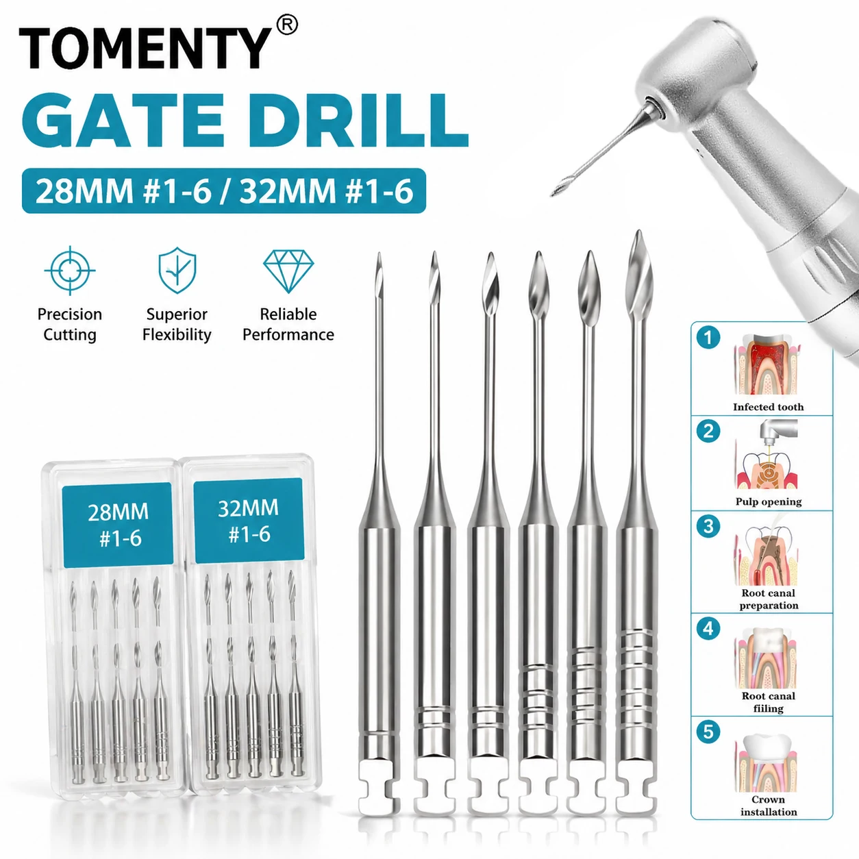

6Pcs/Pack Dental Engine Use Endodontic Gates Drill Peeso Reamers Glidden Rotary 28mm/32mm #1-6 Stainless Steel Endo Files