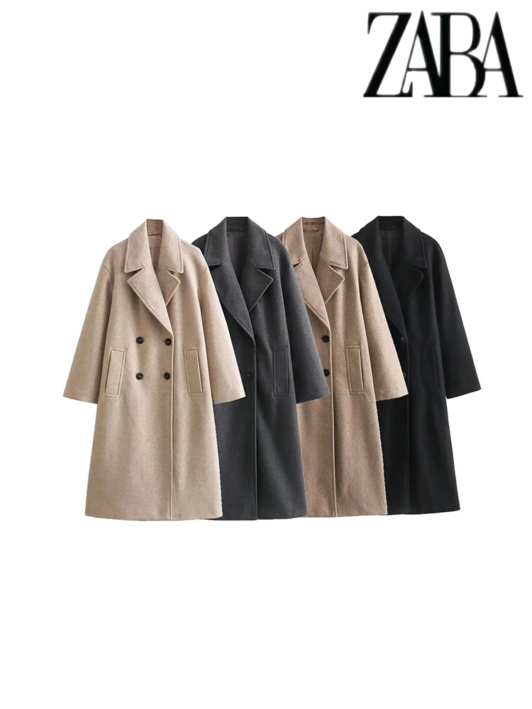 TRAF Women's Street Fashion Classic Double Breasted Coat Pure Colour Commuter Casual Coat Lapel Long Sleeve Loose Women's Coat