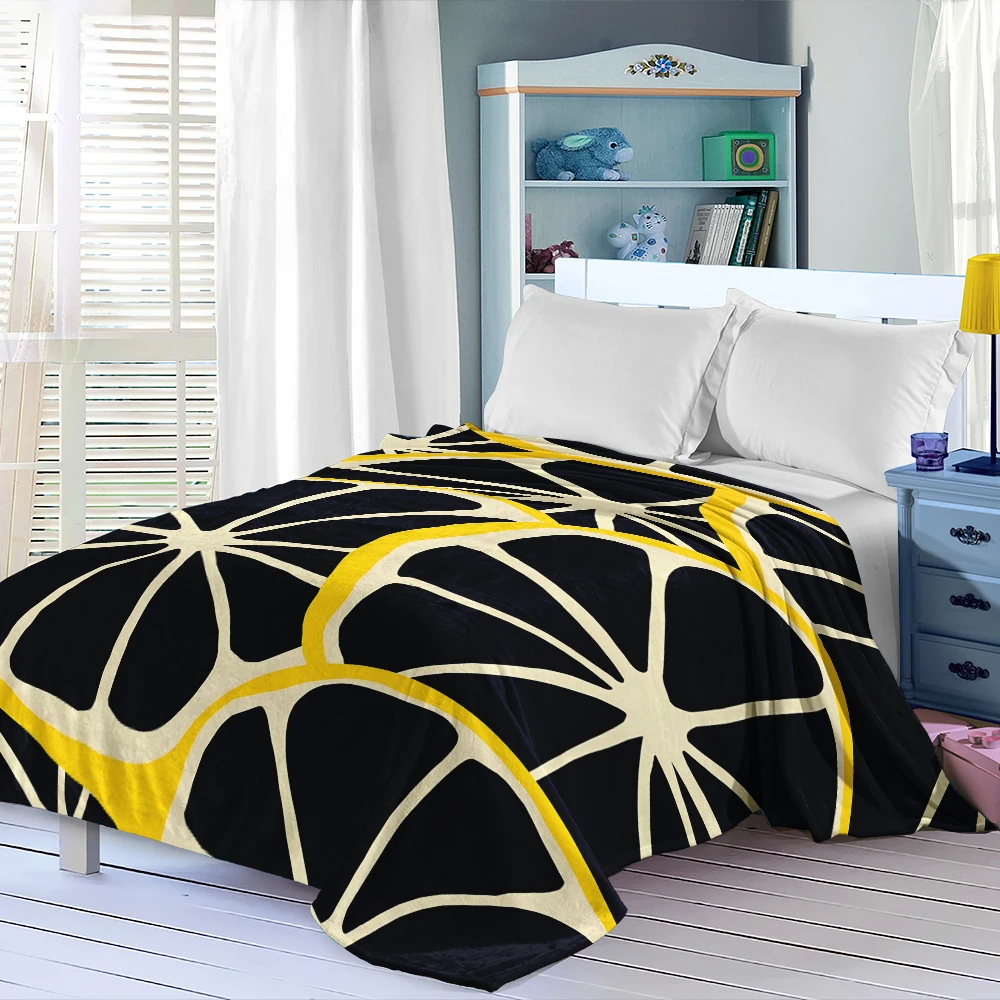 Black Lemon Slices Yellow Flannel Blanket Soft Cozy Throw Blanket for Bed Sofa Couch Fuzzy Plush Bed Cover