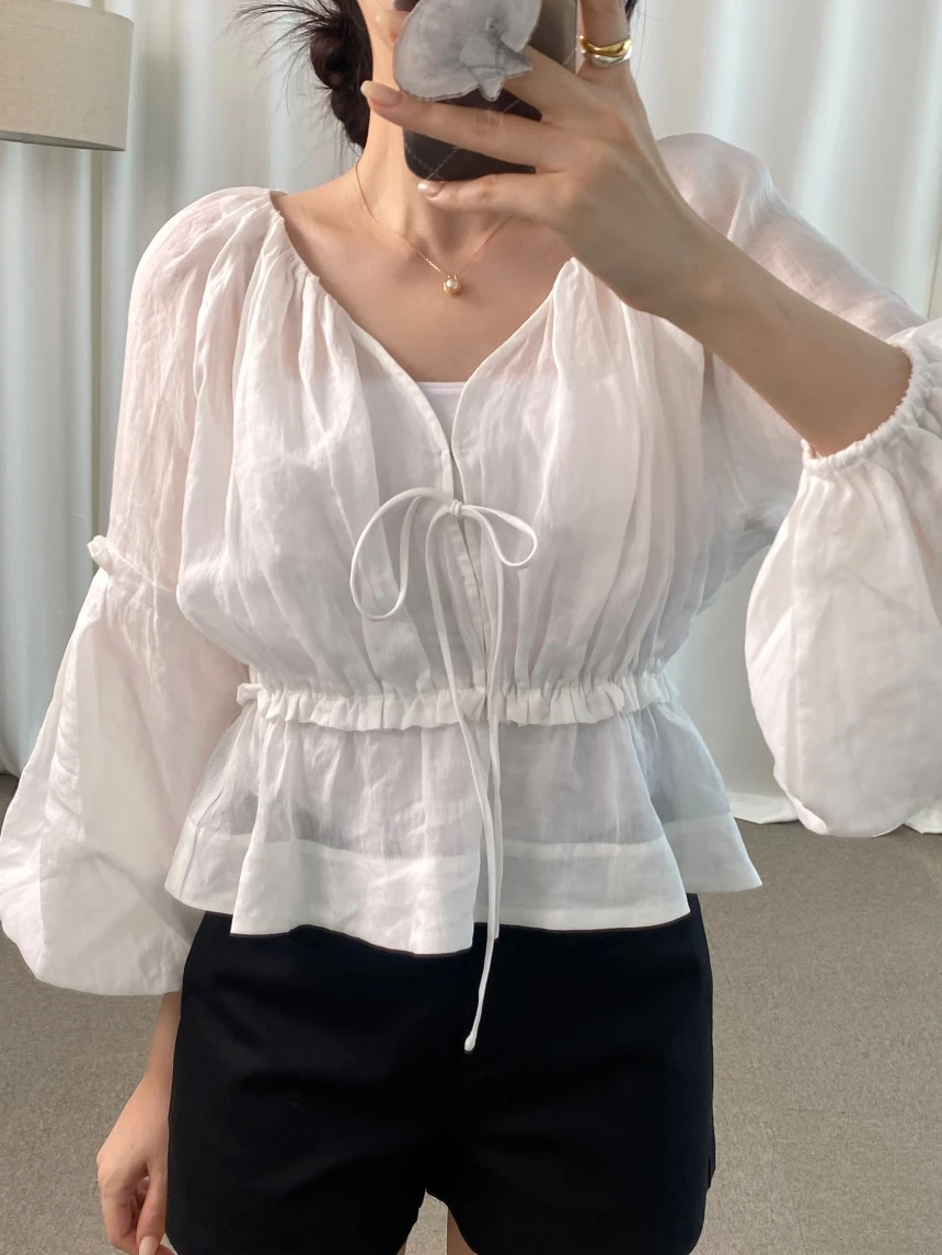 

2Color Summer 2025 Korean Style Vintage Lace Short Sleeve Shirt Loose White Black Blouse Female Outwear tops (C5670
