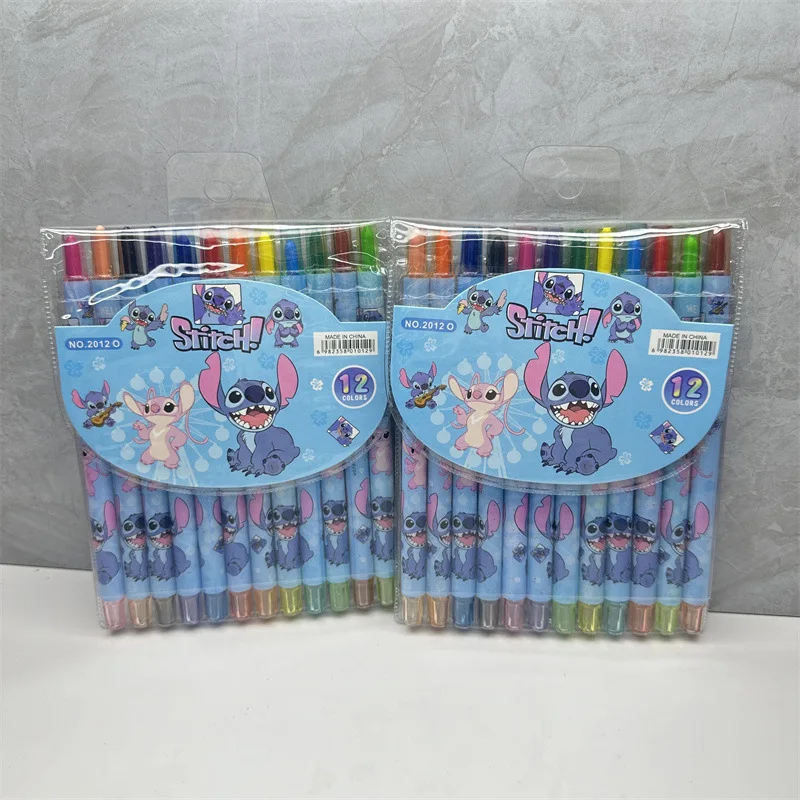 12Colors Disney Crayon Anime Lilo&Stitch Kid's Painting Pen Kids Long Crayon Christmas Gift Toys Art Supplies Water-color Pens