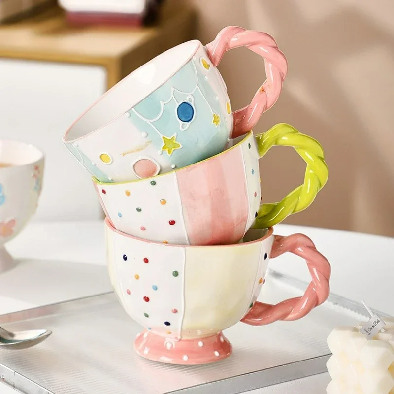 

400ml Hand Drawn Ceramic Mug Large Capacity Breakfast Cereal Cup Milk Oatmeal Matcha Water Cup Kitchen Accessory Drinkware Gift