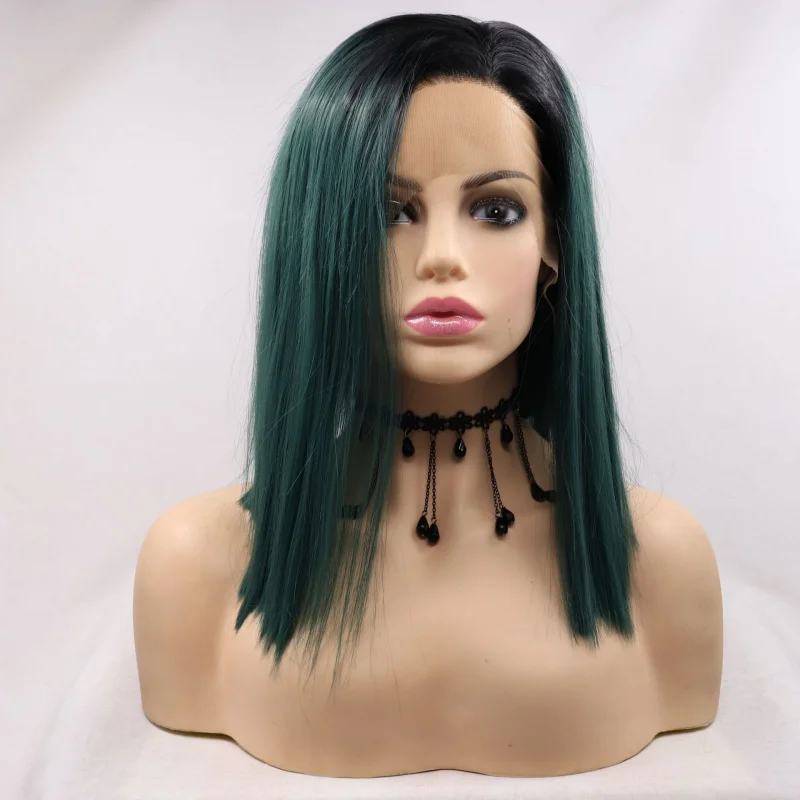 

Elegant hand-woven front lace synthetic short straight hair wig with side parting, matte high-temperature fiber full head