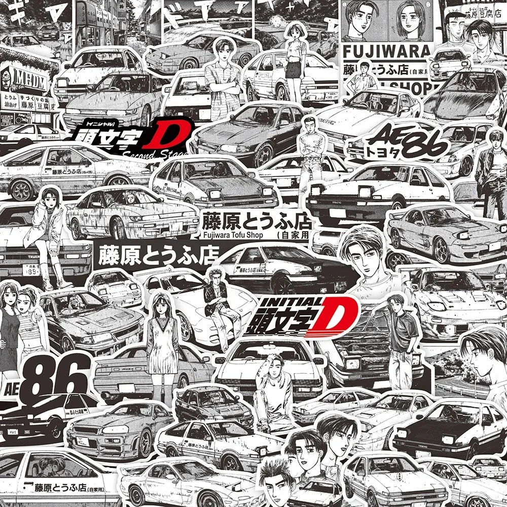 10/30/75PCS Anime Black White Initial D Stickers Graffiti Funny Kids DIY Decals Gift Toy for Wall Notebook Bike Cartoon Sticker