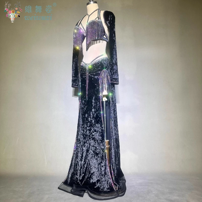 밸리 댄스 블랙 퍼포먼스 의상 여성용 밸리 댄스 경연 대회 슈트 브라 + 긴 소매 + 피쉬 테일 스커트 댄스 복장