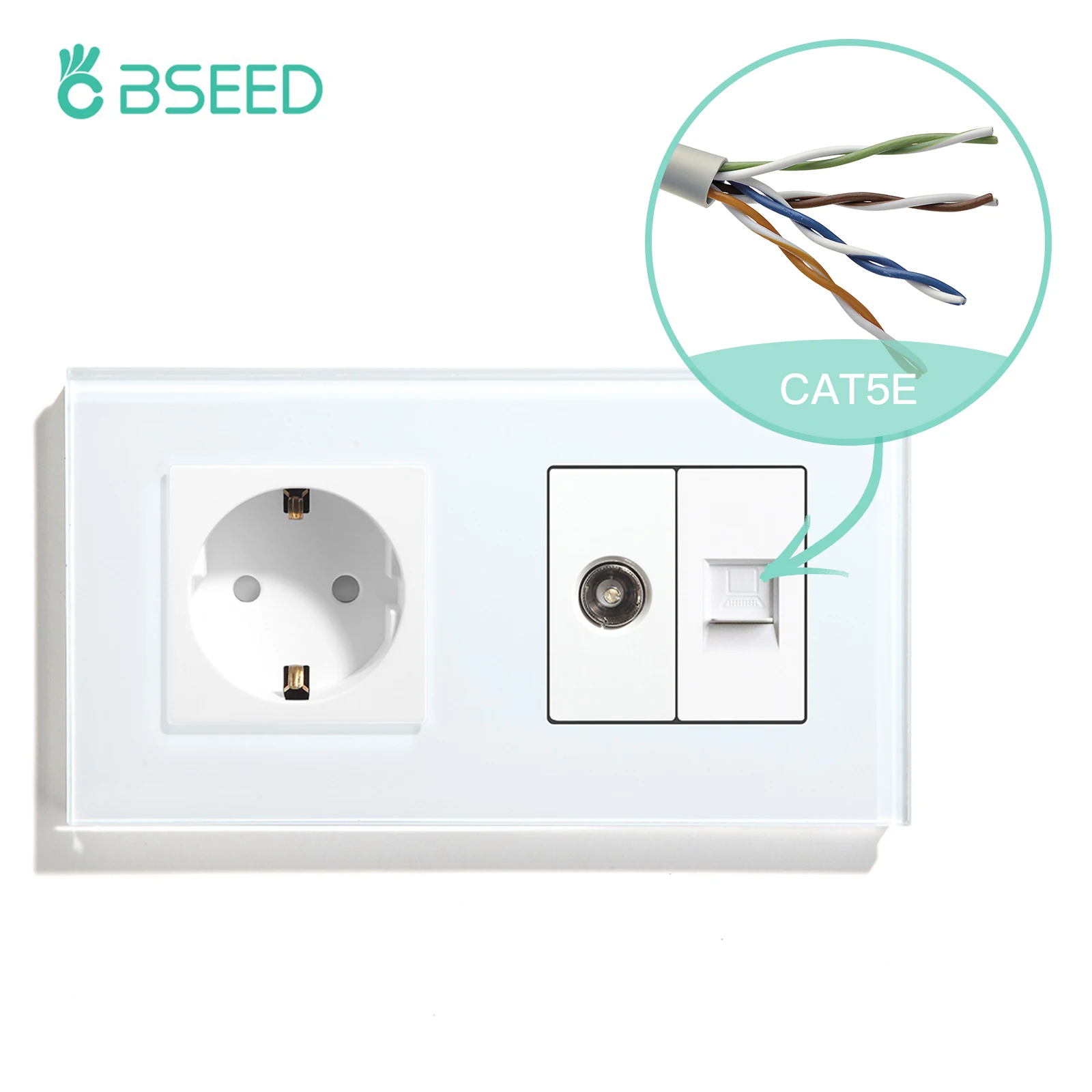 BSEED Double EU Standard Wall Plug 16A 100-250V With CAT5 Computer Network Power Sockt Satellite Antenna Outlet 157*86mm