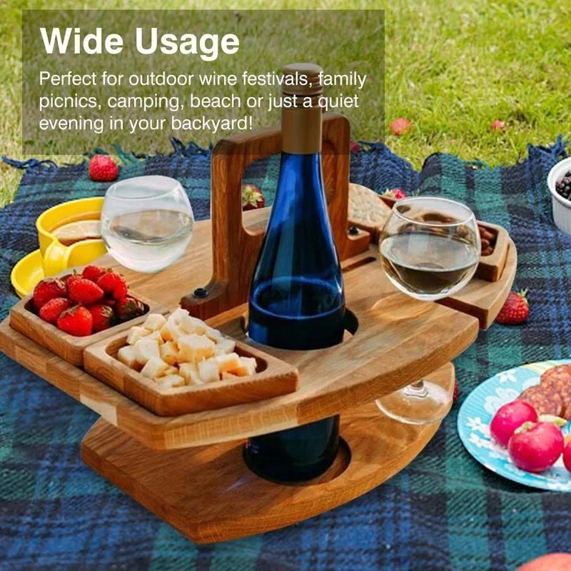 Portable Wooden Picnic Table Carry Handle Outdoor Folding Wine Table Removable Wine Glass Holder Folding Low Table Snack Tray