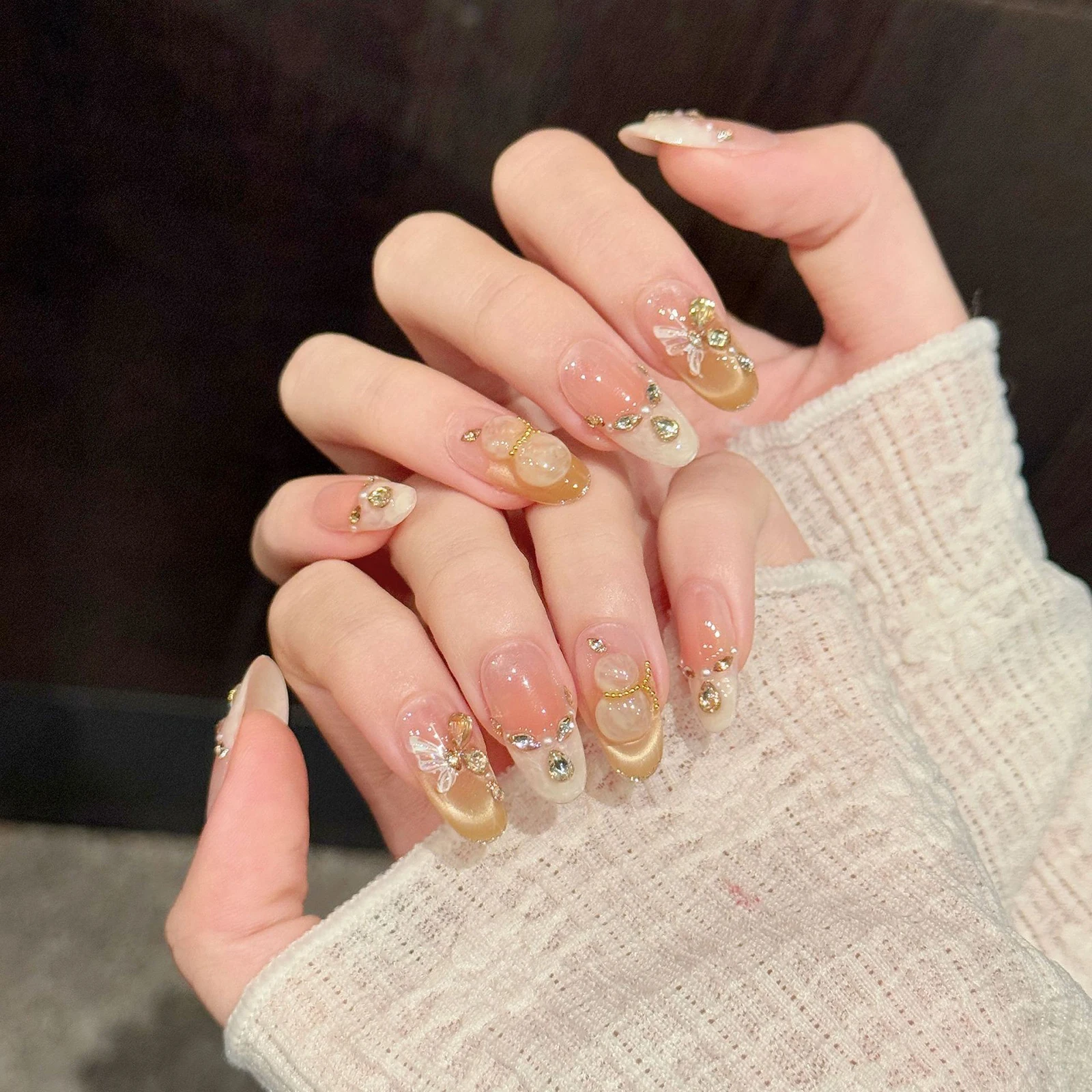 10Pcs Handmade Oval Head Press On Nails Gold Cat Eyes Glitter Crystal Design False Nail Patches For Wedding Party Daily Wearable