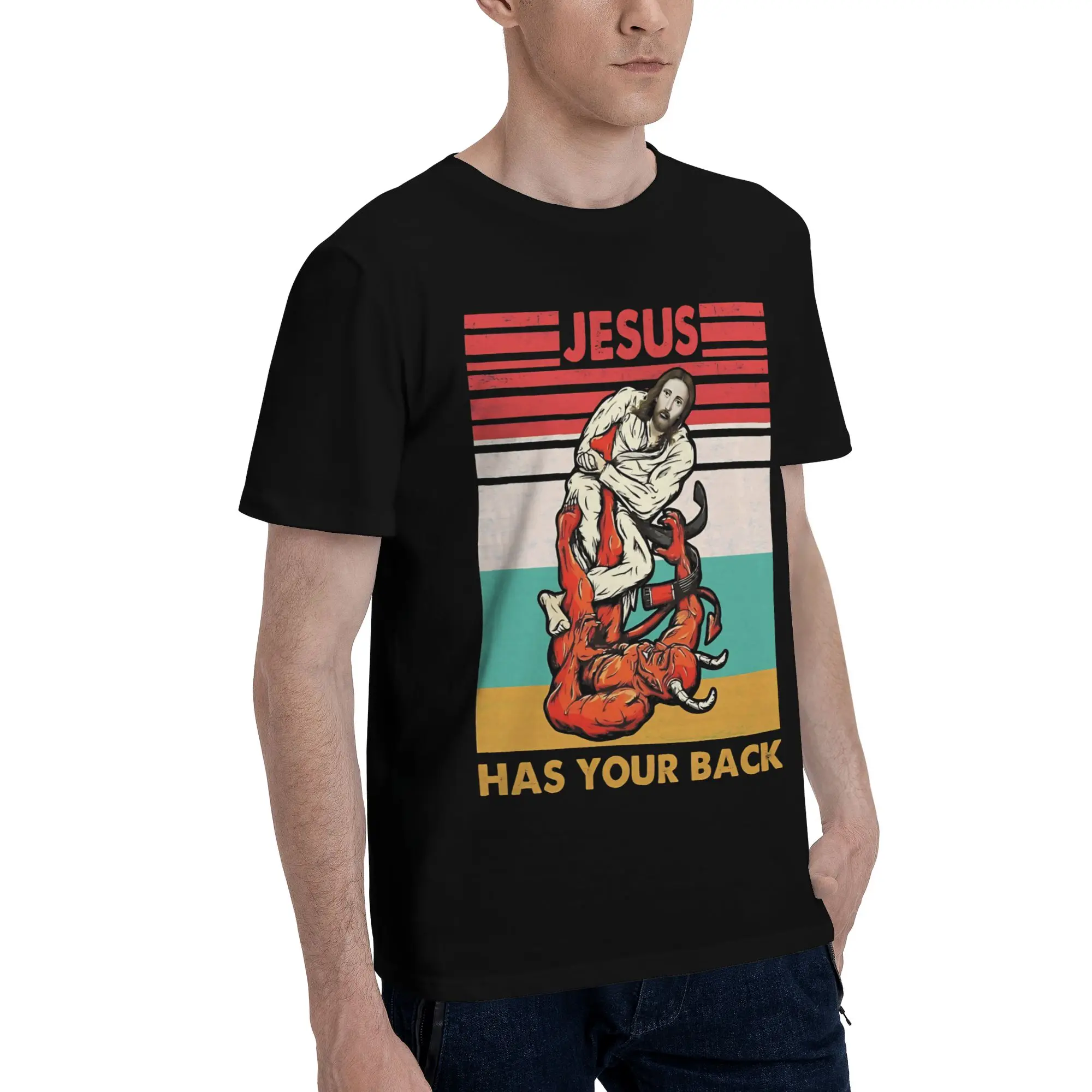 Mens Womens Jesus Has Your Back Jiu Jitsu T Shirt 100% Cotton Printed T-Shirt  Clothing Outfits