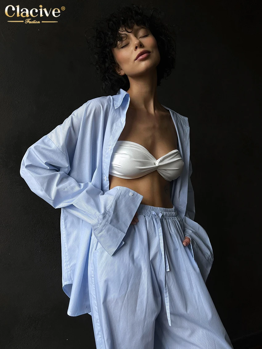 Clacive moda solta azul algodão 2 peças conjunto para mulher 2025 elegante camisa de manga longa com cintura alta calças largas conjunto feminino