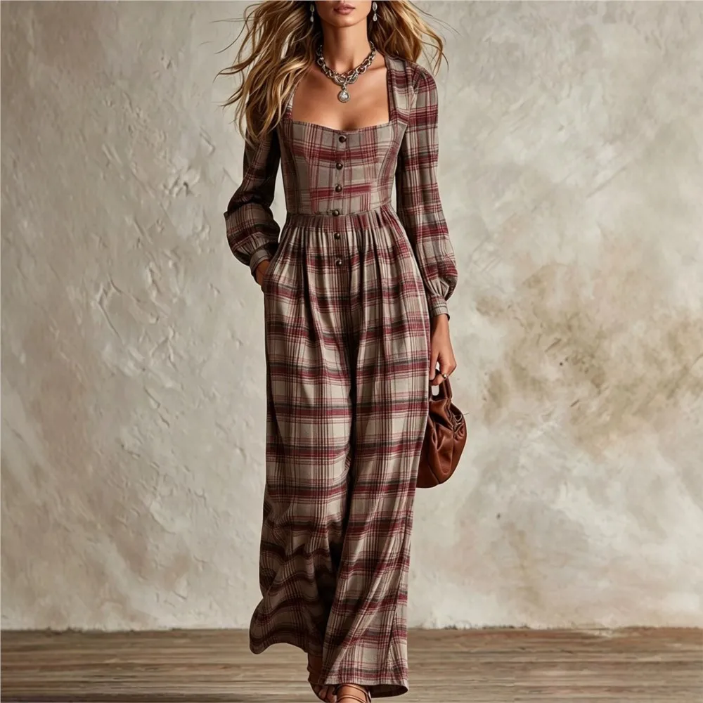 Women's Fashion Square Neck Retro Plaid Long Sleeve Jumpsuit Autumn New Waist Single Breasted Pocket Wide Leg Female Rompers2026