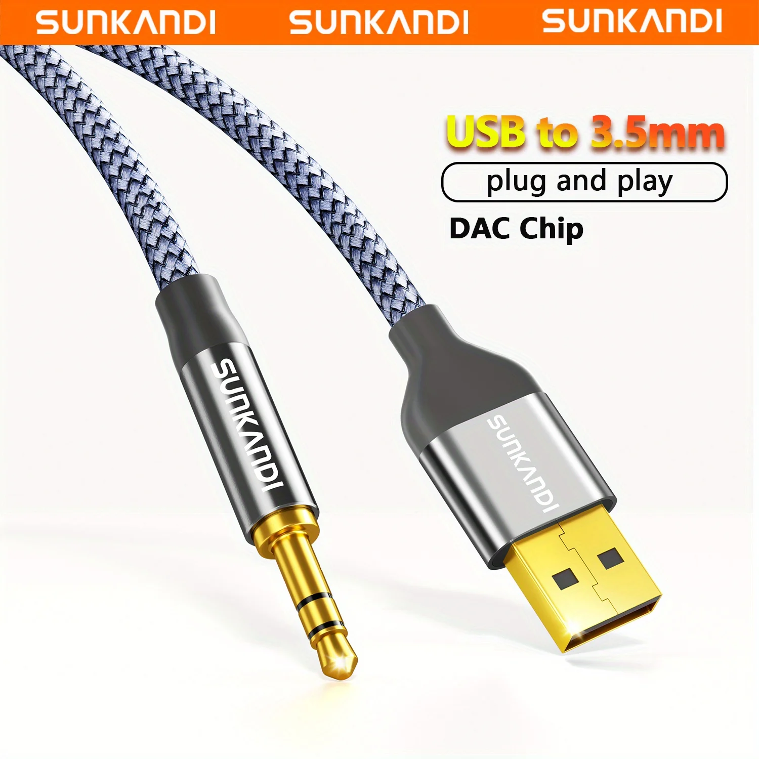SUNKANDI USB إلى 3.5 ملم محول مقبس الصوت، USB A إلى 3.5 ملم AUX سلك صوت ستيريو للكمبيوتر الشخصي والكمبيوتر المحمول ومكبر الصوت وسماعات الرأس