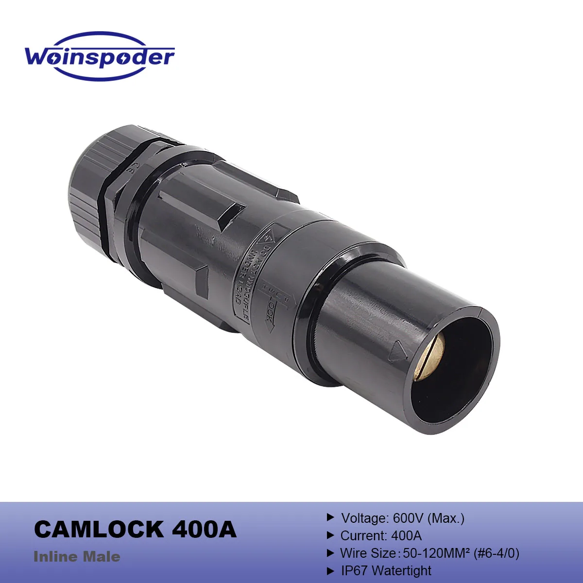

WOINSPODER 400A 600V Camlock Inline Male Single Pole Power Connector for Cable 50-120sqmm (#6-4/0) IP67 Watertight