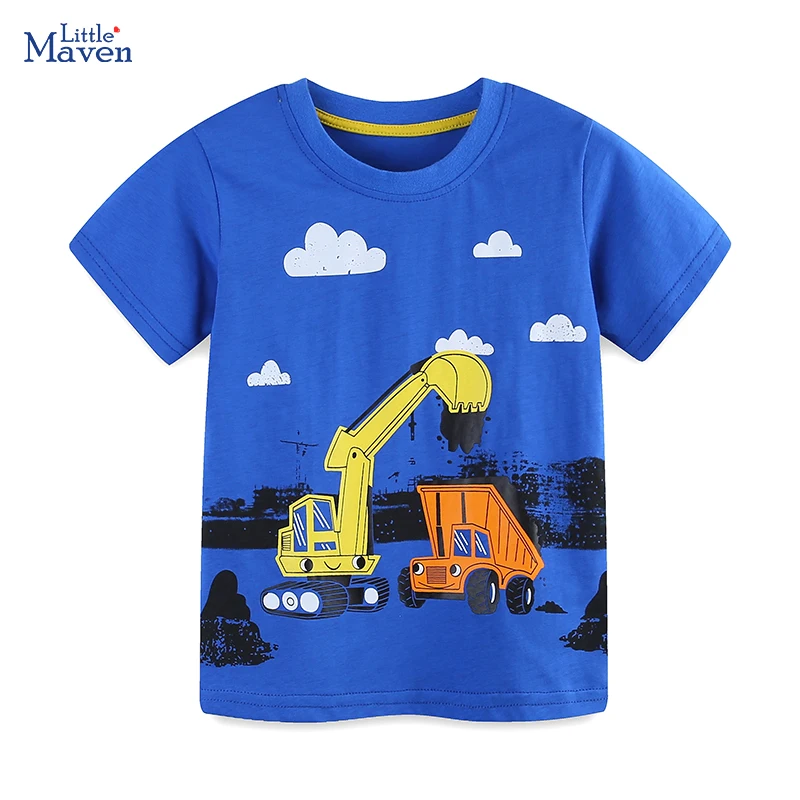 Little maven 2024 Fashion New Summer Tops Children\'s Clothing T-shirts Cartoon Excavator Infant Baby Boys Kids Clothes