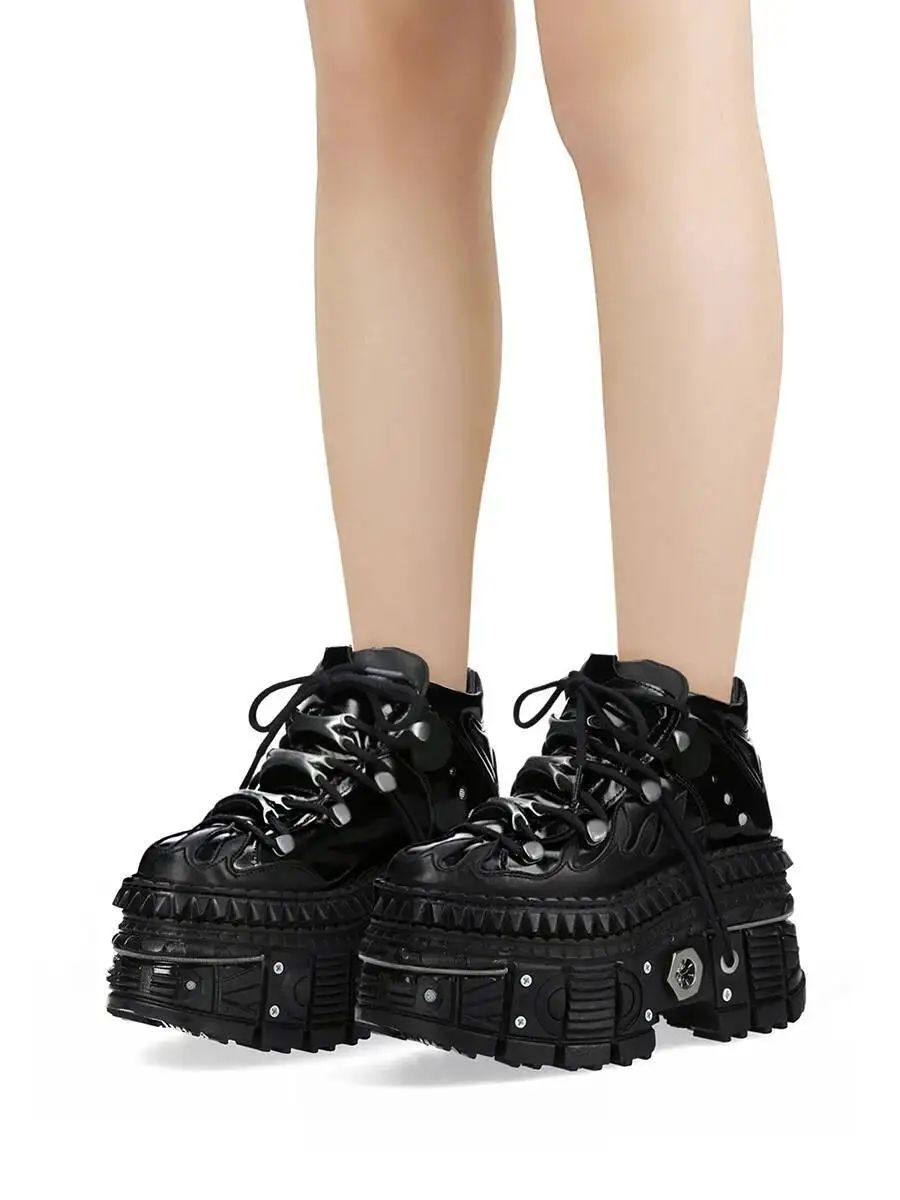 Strappy platform sneakers Punk rock goth style platform shoes Retro metal trim Men's and women's round head high top shoes view 3